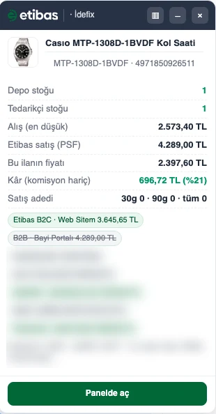 Etibas kartı: depo stoğu, tedarikçi stoğu, en düşük alış, Etibas satış fiyatı, bu ilanın fiyatı, kâr ve satış adedi